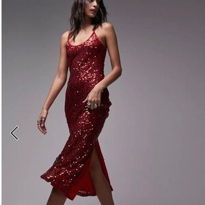 Topshop sequin cami midi slip dress in red